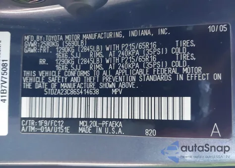 2006 Toyota Sienna Le z USA, uszkodzony, nr VIN 5TDZA23C86S414638